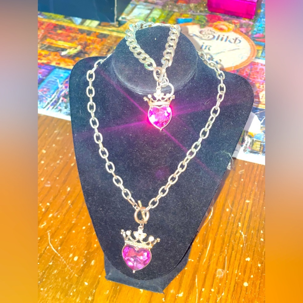 Pink Heart Crown Silver Necklace and bracelet set 90s vintage